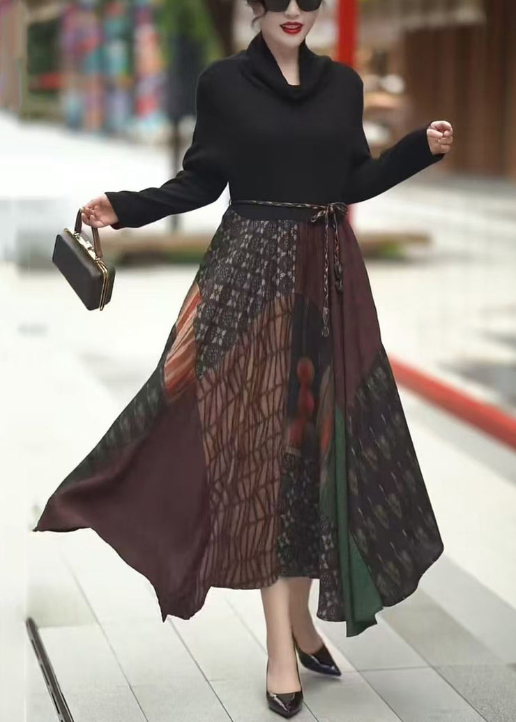 Italian Black Print Knit Patchwork Long Dress Winter