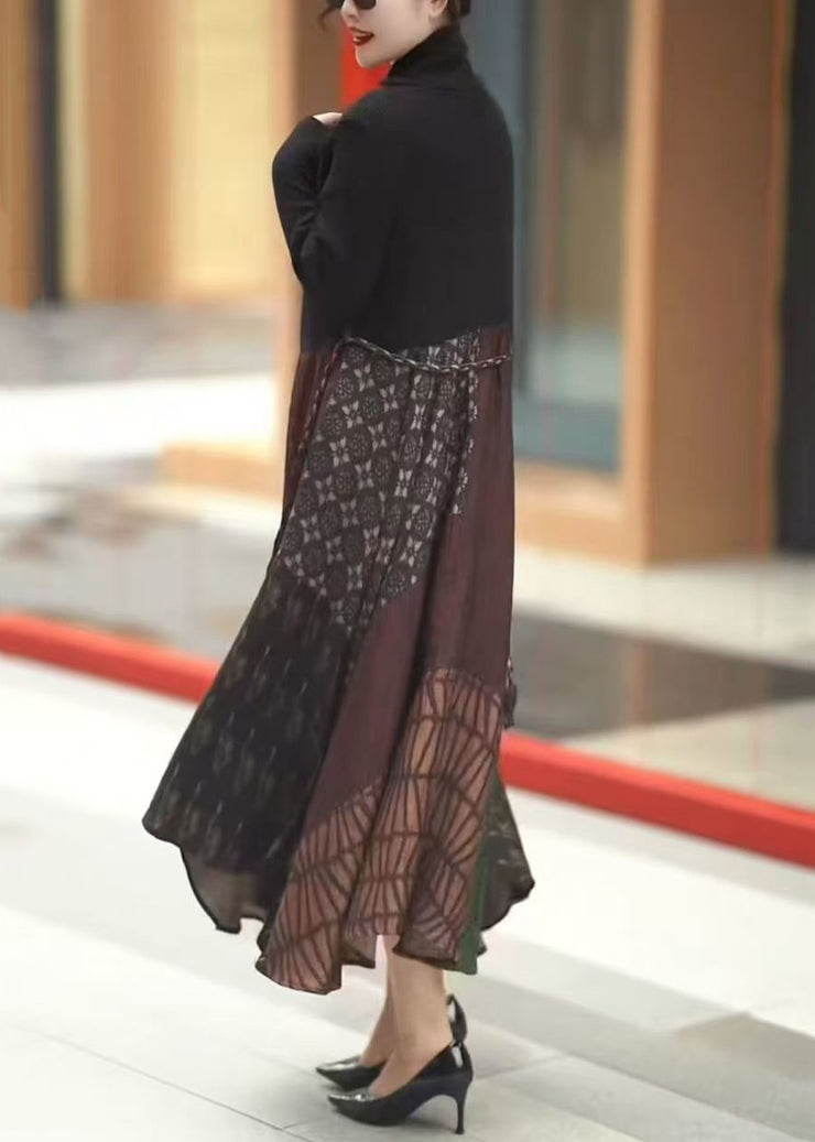 Italian Black Print Knit Patchwork Long Dress Winter