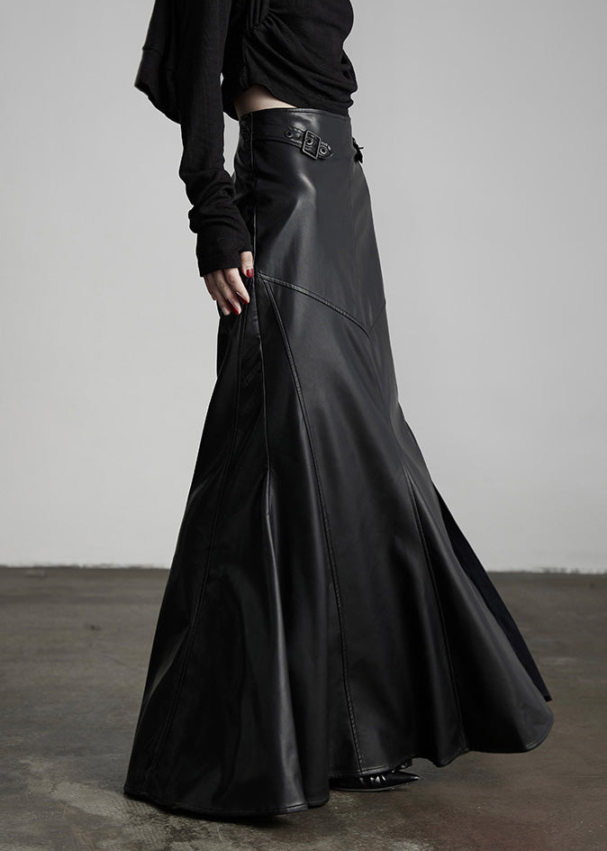 Italian Black Rivet High Waist Patchwork Faux Leather Skirts Winter