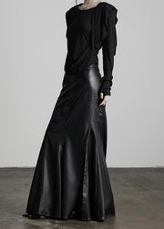 Italian Black Rivet High Waist Patchwork Faux Leather Skirts Winter