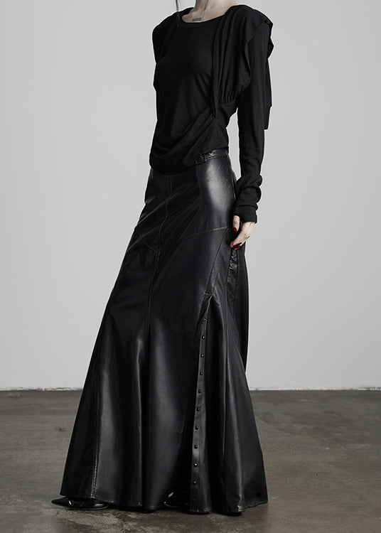 Italian Black Rivet High Waist Patchwork Faux Leather Skirts Winter