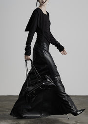 Italian Black Rivet High Waist Patchwork Faux Leather Skirts Winter