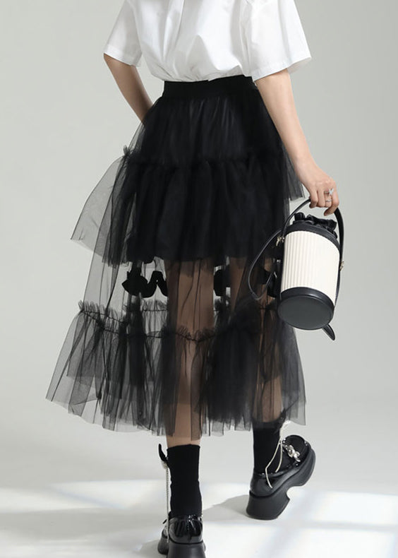 Italian Black Ruffled Layered Patchwork Tulle Skirts Summer