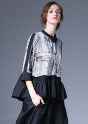 Italian Black Stand Collar Print Patchwork Exra Large Hem Chiffon Blouse Top Bracelet Sleeve