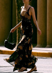 Italian Black V Neck Print Chiffon Spaghetti Strap Dress Sleeveless