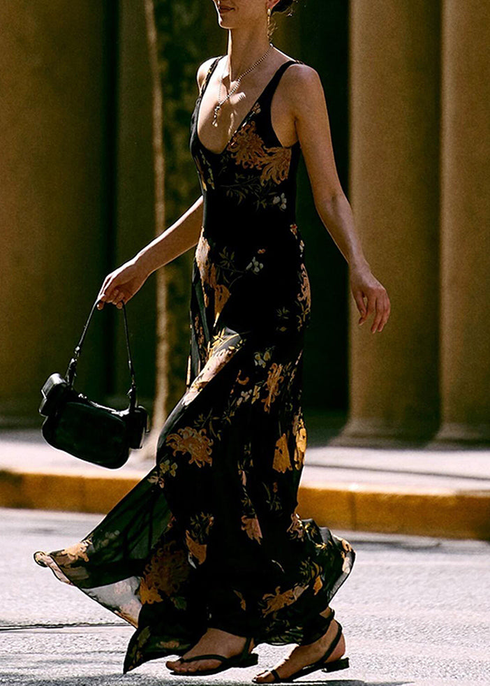 Italian Black V Neck Print Chiffon Spaghetti Strap Dress Sleeveless