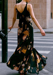 Italian Black V Neck Print Chiffon Spaghetti Strap Dress Sleeveless