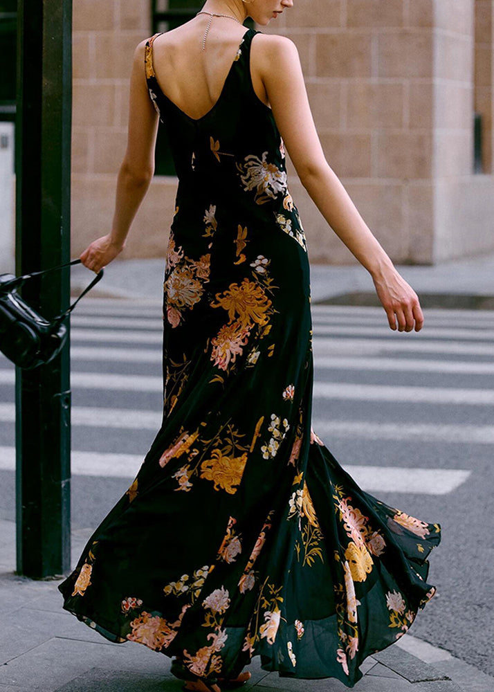 Italian Black V Neck Print Chiffon Spaghetti Strap Dress Sleeveless