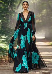 Italian Black V Neck Print Lace Up Chiffon Long Dresses Spring