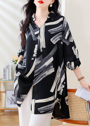 Italian Black V Neck Print Side Open Chiffon Shirt Fall