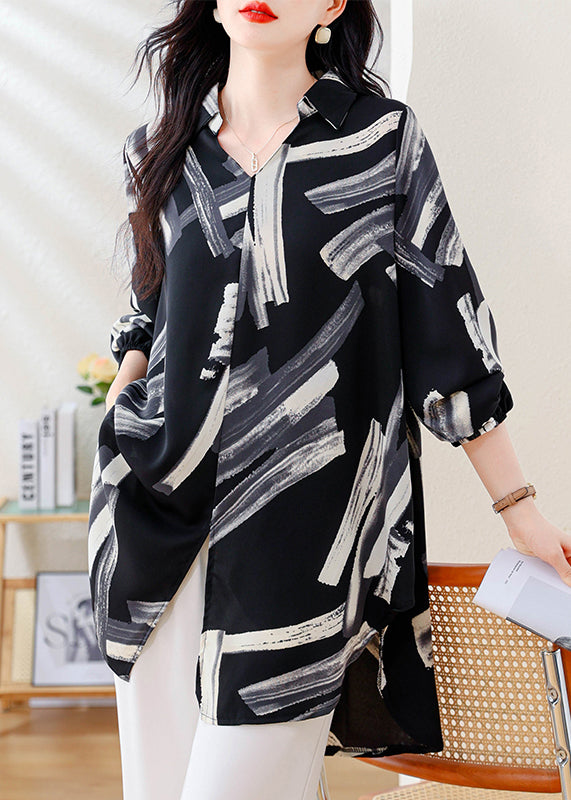 Italian Black V Neck Print Side Open Chiffon Shirt Fall