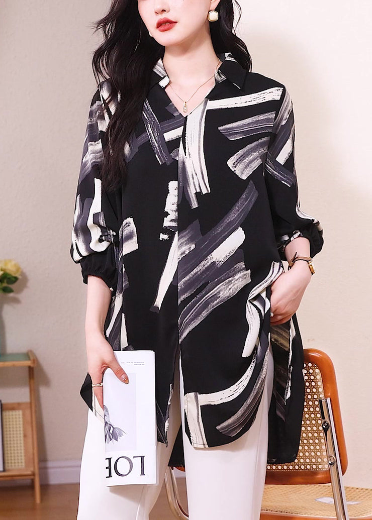 Italian Black V Neck Print Side Open Chiffon Shirt Fall