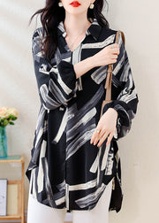Italian Black V Neck Print Side Open Chiffon Shirt Fall