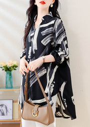 Italian Black V Neck Print Side Open Chiffon Shirt Fall