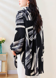 Italian Black V Neck Print Side Open Chiffon Shirt Fall