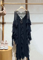 Italian Black V Neck Ruffled Solid Two Piece Set Fall