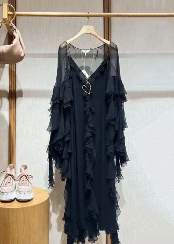 Italian Black V Neck Ruffled Solid Two Piece Set Fall