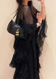 Italian Black V Neck Ruffled Solid Two Piece Set Fall