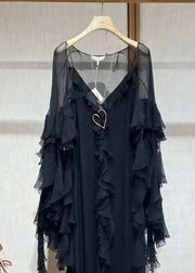 Italian Black V Neck Ruffled Solid Two Piece Set Fall