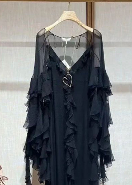Italian Black V Neck Ruffled Solid Two Piece Set Fall