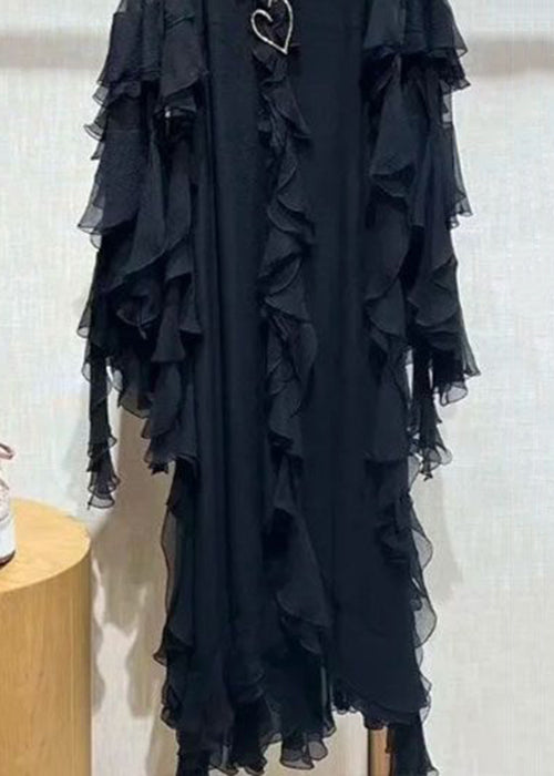 Italian Black V Neck Ruffled Solid Two Piece Set Fall