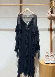 Italian Black V Neck Ruffled Solid Two Piece Set Fall