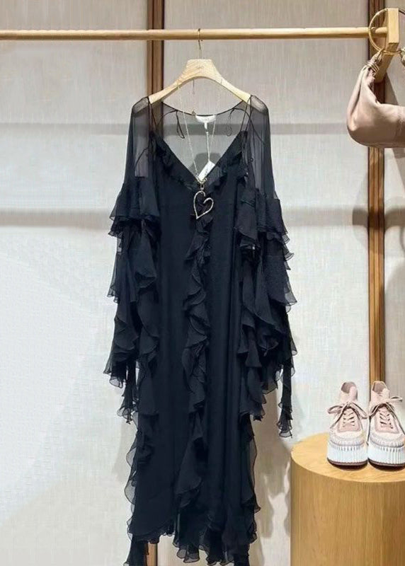 Italian Black V Neck Ruffled Solid Two Piece Set Fall