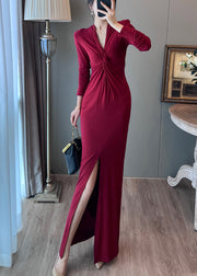 Italian Black V Neck Side Open Wraped Dresses Fall