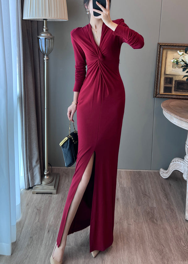 Italian Black V Neck Side Open Wraped Dresses Fall