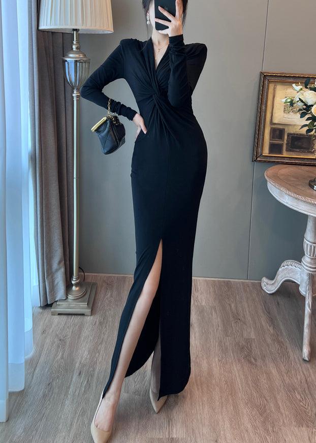 Italian Black V Neck Side Open Wraped Dresses Fall
