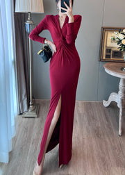 Italian Black V Neck Side Open Wraped Dresses Fall
