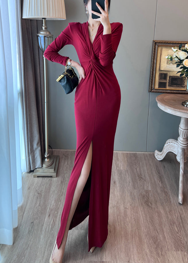 Italian Black V Neck Side Open Wraped Dresses Fall
