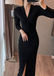 Italian Black V Neck Side Open Wraped Dresses Fall