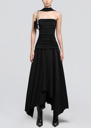 Italian Black Wrinkled Solid Cotton Long Dress Sleeveless