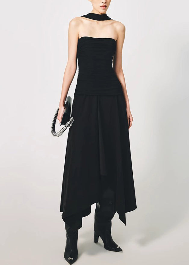 Italian Black Wrinkled Solid Cotton Long Dress Sleeveless