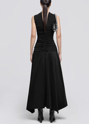 Italian Black Wrinkled Solid Cotton Long Dress Sleeveless