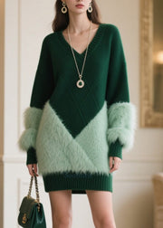 Italian Blackish Green V Neck Patchwork Faux Fur Sweater Dress Winter