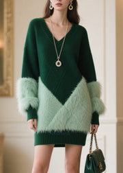 Italian Blackish Green V Neck Patchwork Faux Fur Sweater Dress Winter