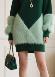 Italian Blackish Green V Neck Patchwork Faux Fur Sweater Dress Winter