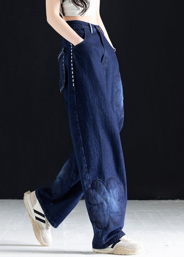 Italian Blue Embroidered Pockets Denim Pants Fall