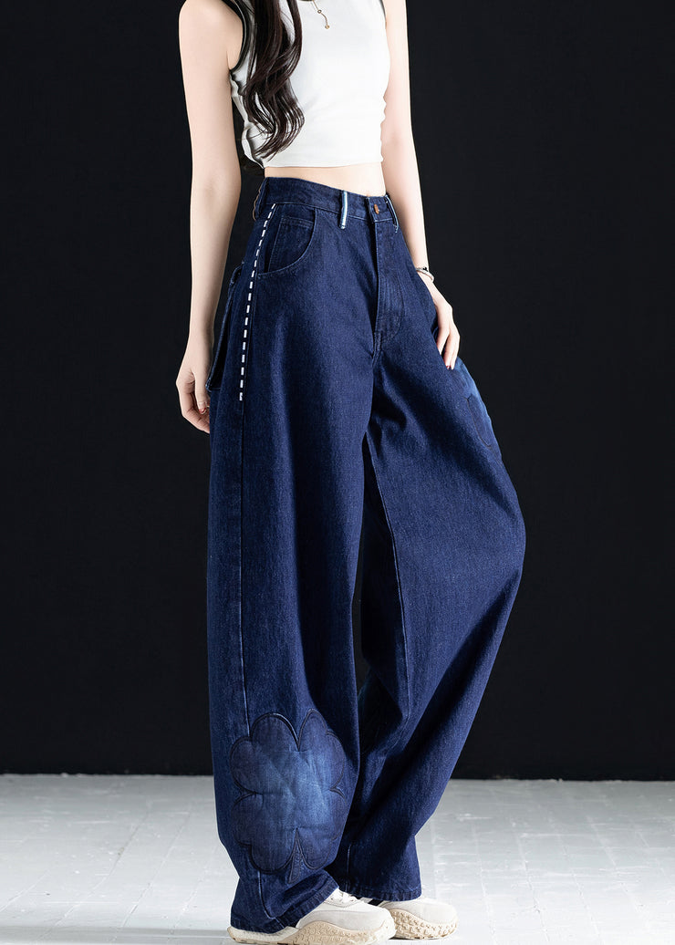 Italian Blue Embroidered Pockets Denim Pants Fall