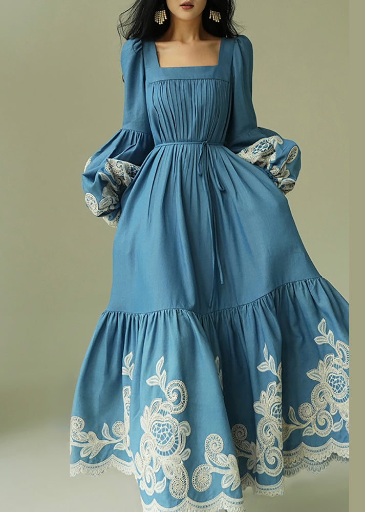 Italian Blue Embroidered Pockets Tie Waist Cotton Long Dresses Lantern Sleeve