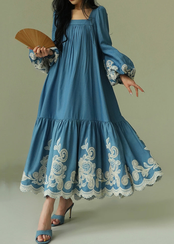 Italian Blue Embroidered Pockets Tie Waist Cotton Long Dresses Lantern Sleeve