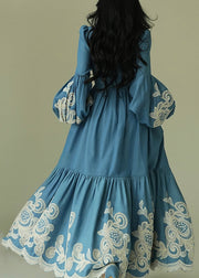Italian Blue Embroidered Pockets Tie Waist Cotton Long Dresses Lantern Sleeve