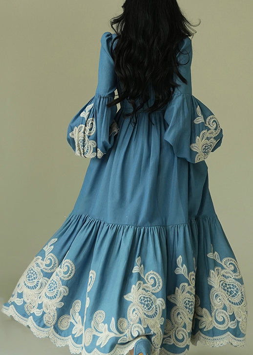 Italian Blue Embroidered Pockets Tie Waist Cotton Long Dresses Lantern Sleeve