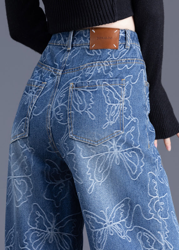 Italian Blue High Waist Print Denim Straight Pants Trousers Summer