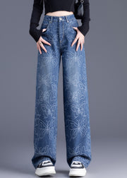 Italian Blue High Waist Print Denim Straight Pants Trousers Summer