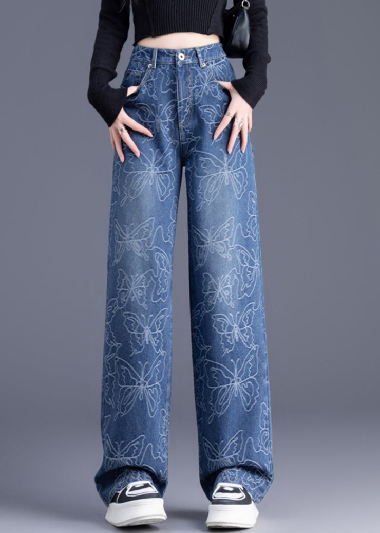 Italian Blue High Waist Print Denim Straight Pants Trousers Summer