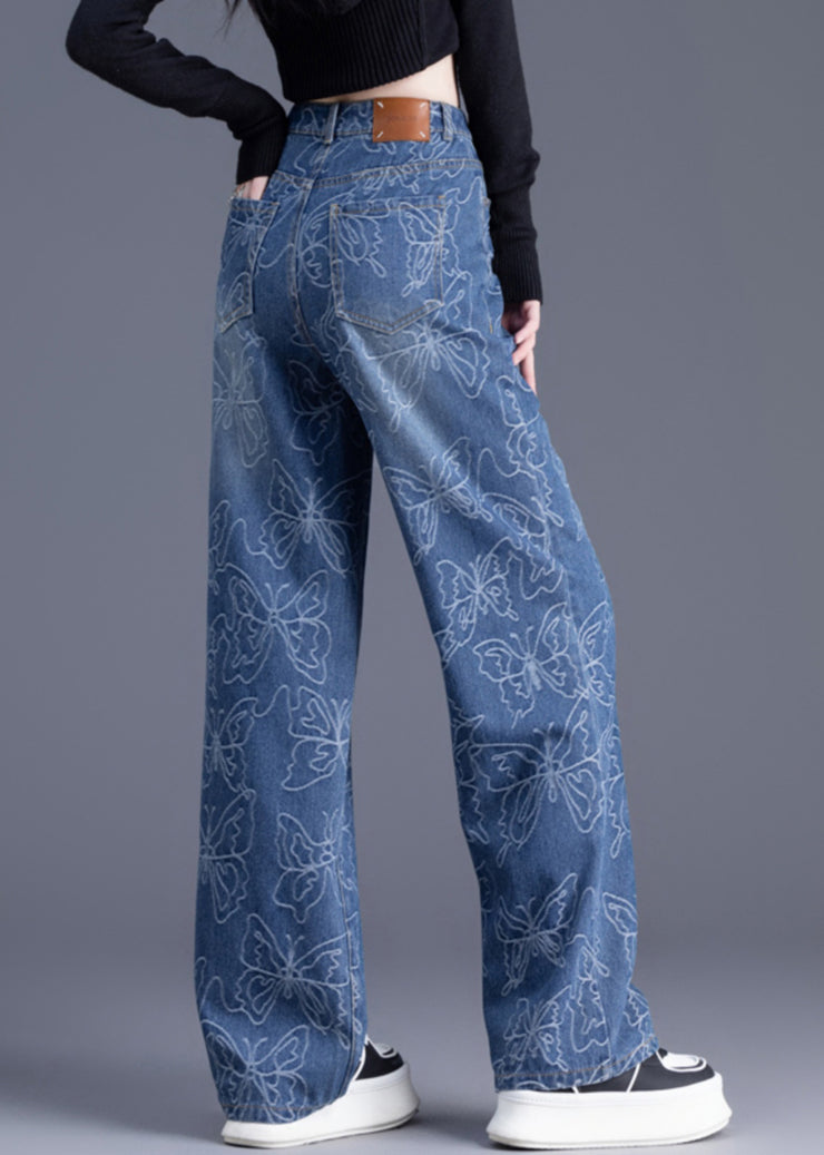 Italian Blue High Waist Print Denim Straight Pants Trousers Summer