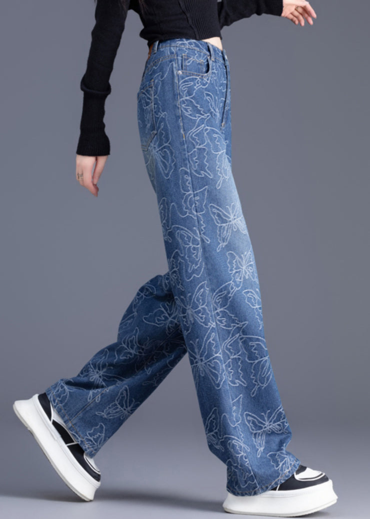 Italian Blue High Waist Print Denim Straight Pants Trousers Summer